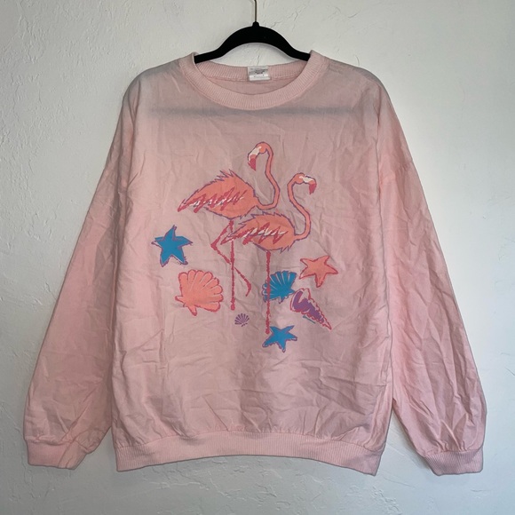 Vintage Tops - Vintage 1980s Flamingo Seashell Pastel Colorful Long Sleeve Pullover Tee